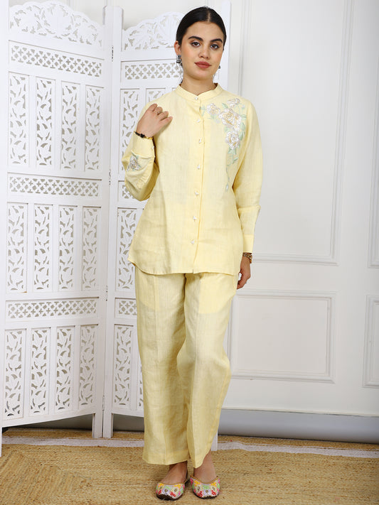 Lemon Yellow Linen Co-ord Set - Natural Embroidered Traditional Outfit