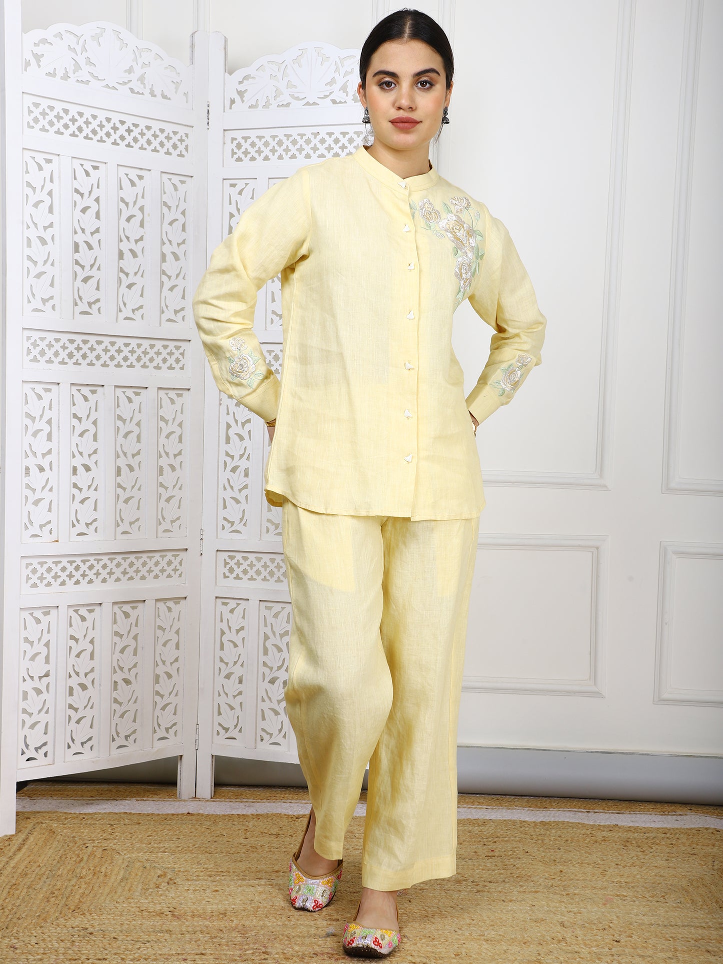 Lemon Yellow Linen Co-ord Set - Natural Embroidered Traditional Outfit