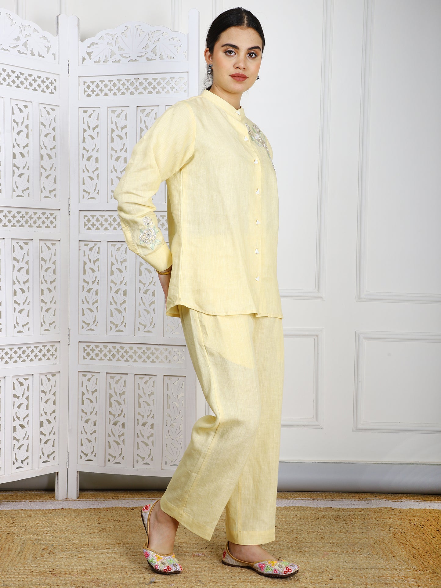 Lemon Yellow Linen Co-ord Set - Natural Embroidered Traditional Outfit