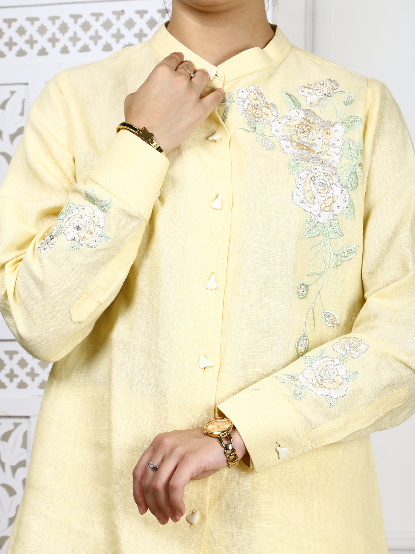 Lemon Yellow Linen Co-ord Set - Natural Embroidered Traditional Outfit
