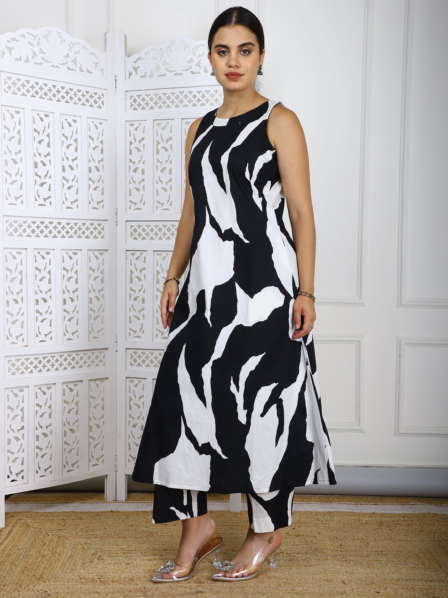 2-Piece Black & White Abstract Print Cotton Co-ord Set