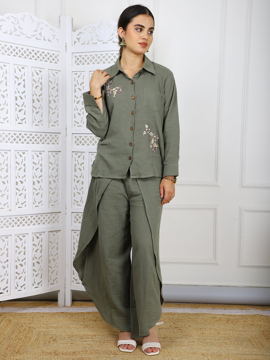 Olive Green Cotton Co-ord Set with Hand Embroidery