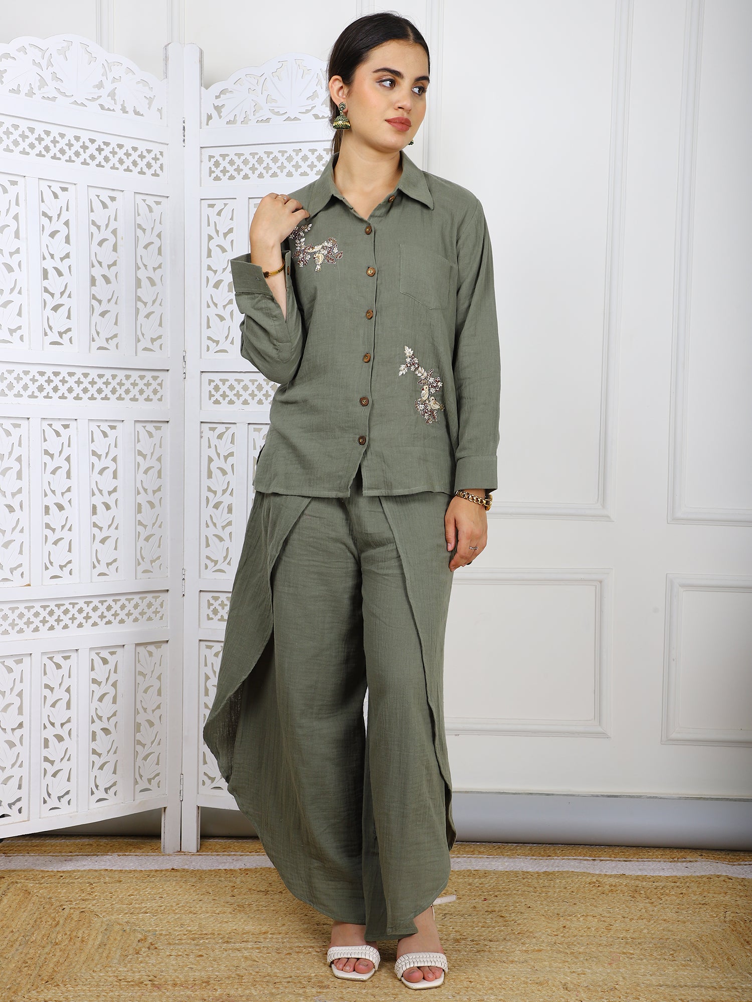 Olive Green Cotton Co-ord Set with Hand Embroidery