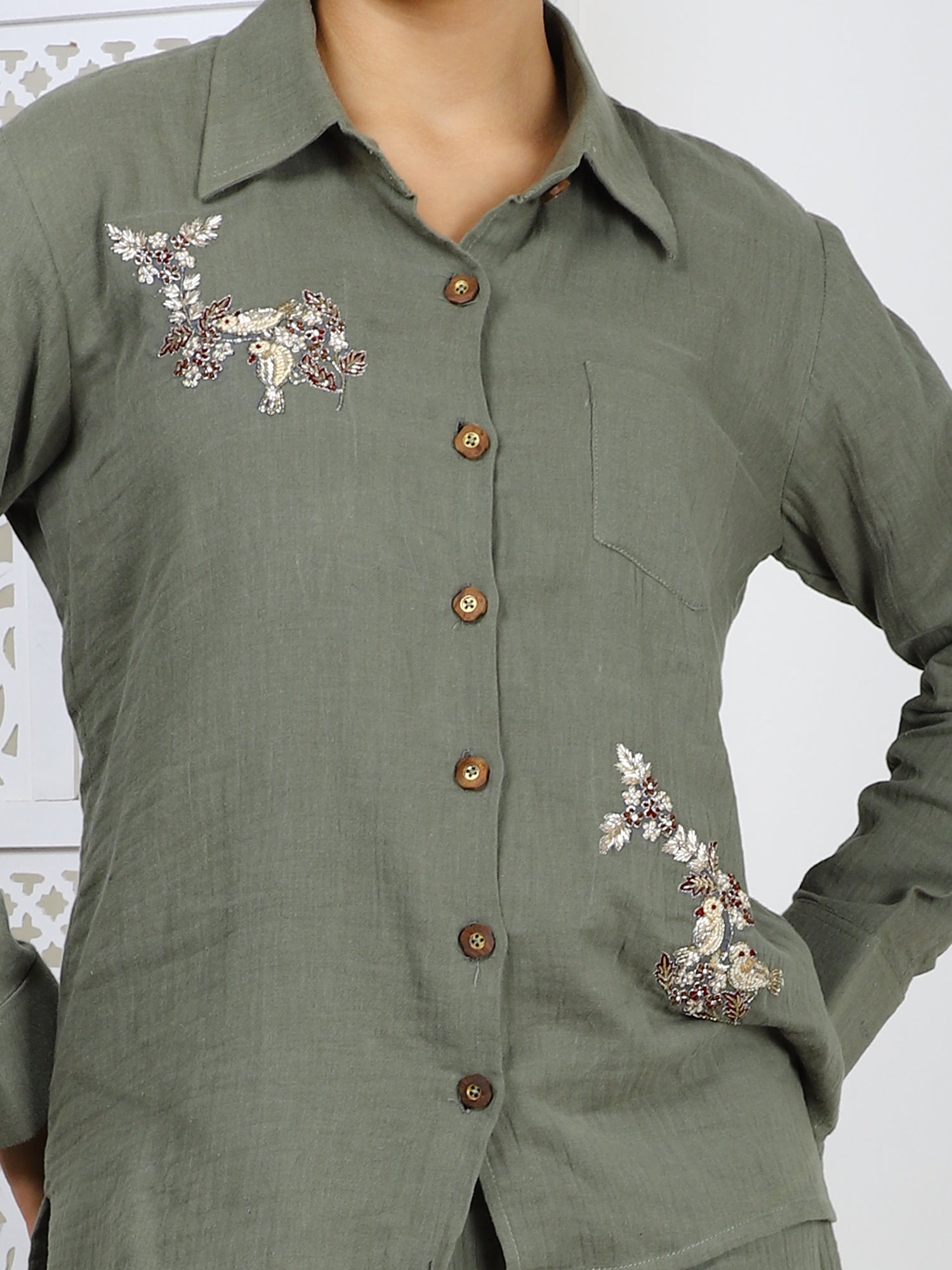 Olive Green Cotton Co-ord Set with Hand Embroidery