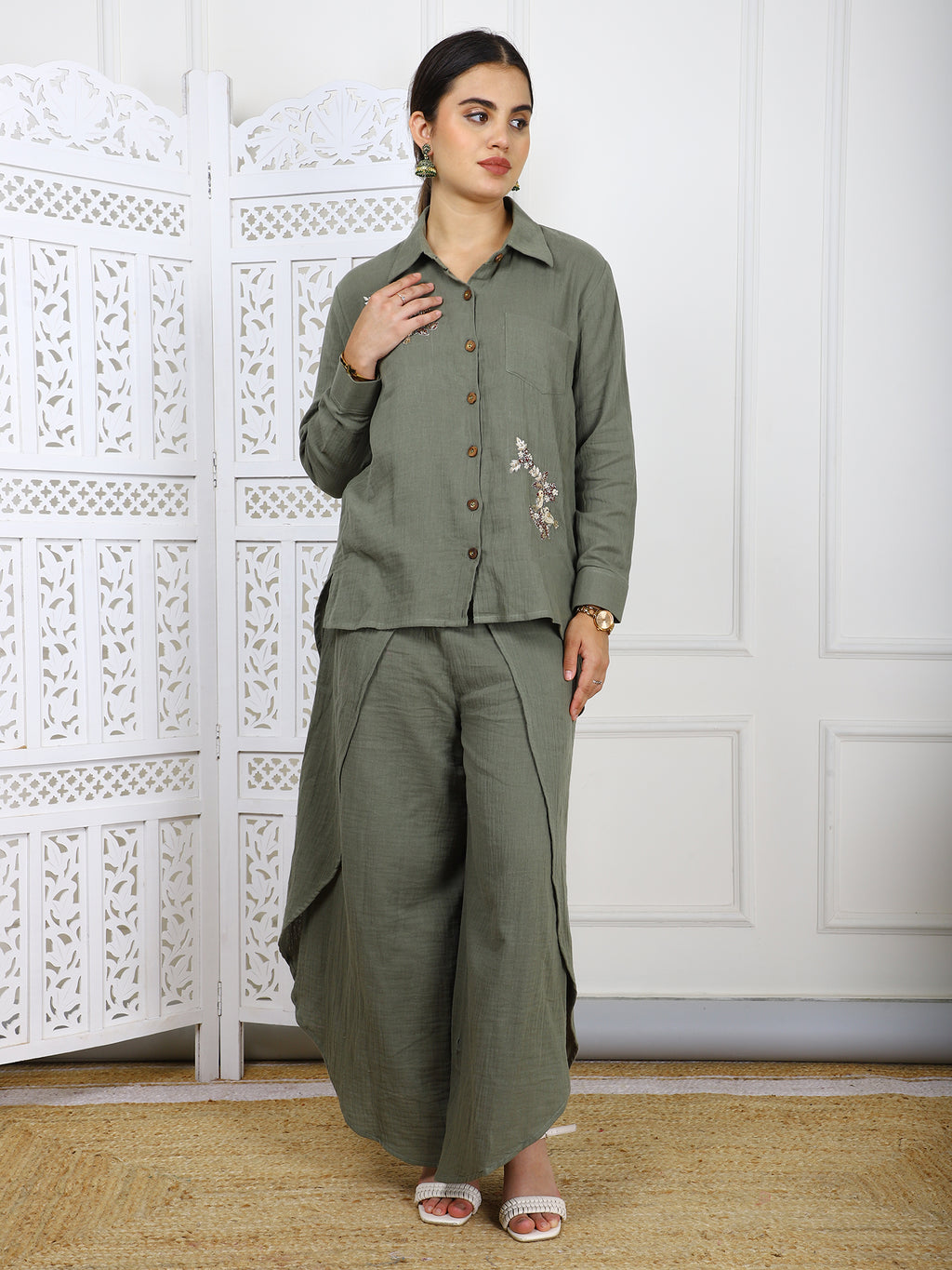Olive Green Cotton Co-ord Set with Hand Embroidery