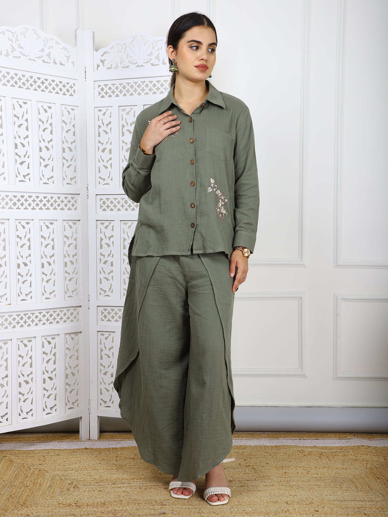 Olive Green Cotton Co-ord Set with Hand Embroidery