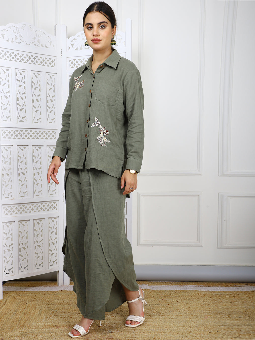 Olive Green Cotton Co-ord Set with Hand Embroidery