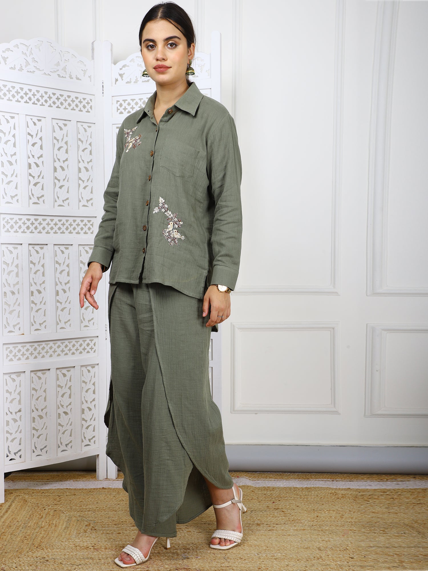 Olive Green Cotton Co-ord Set with Hand Embroidery