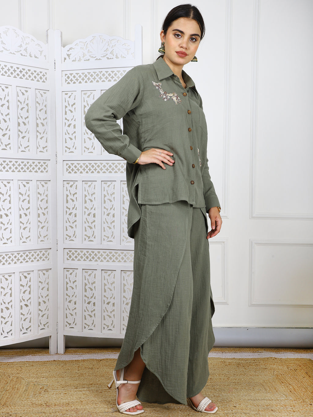 Olive Green Cotton Co-ord Set with Hand Embroidery