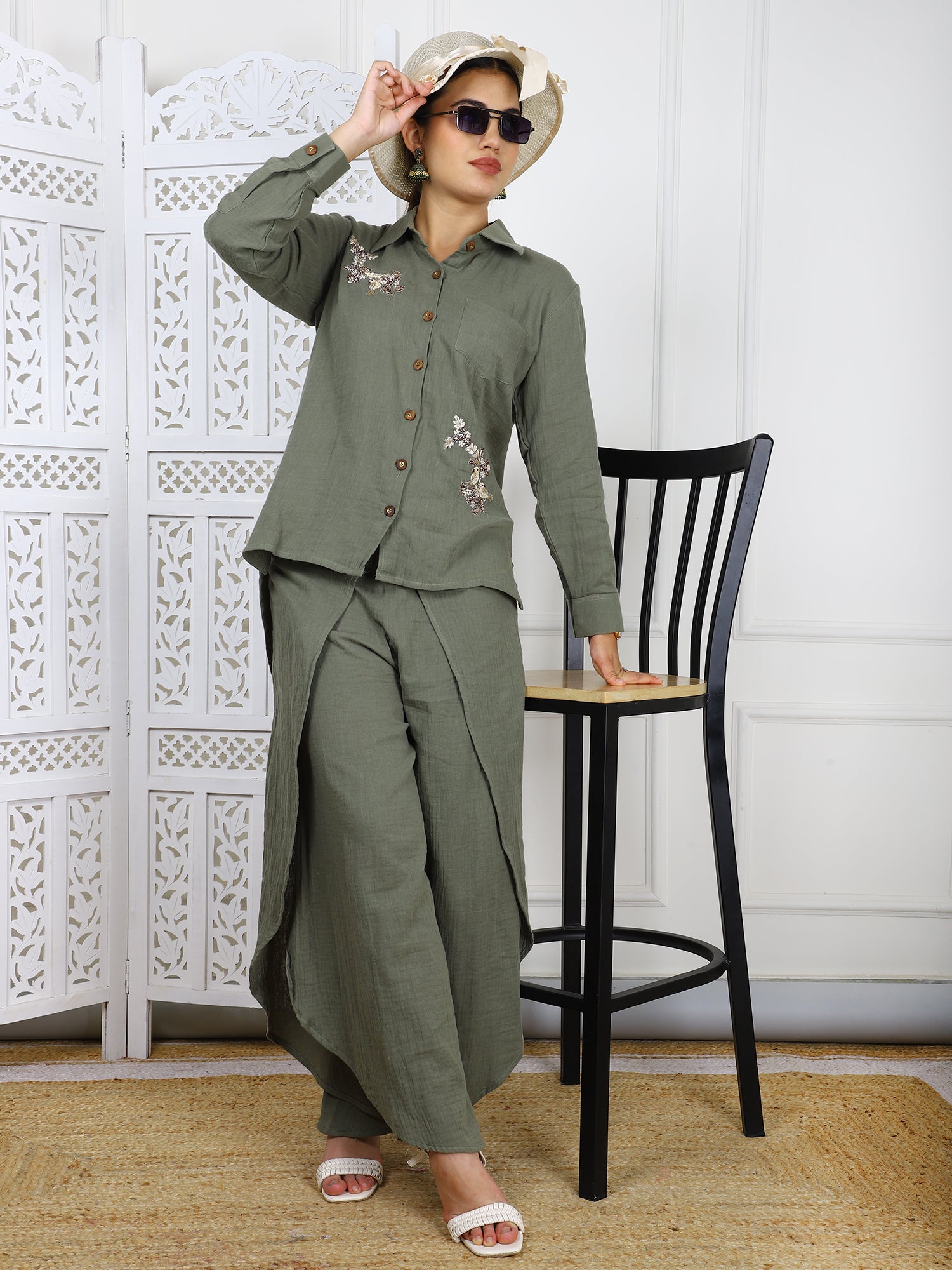 Olive Green Cotton Co-ord Set with Hand Embroidery