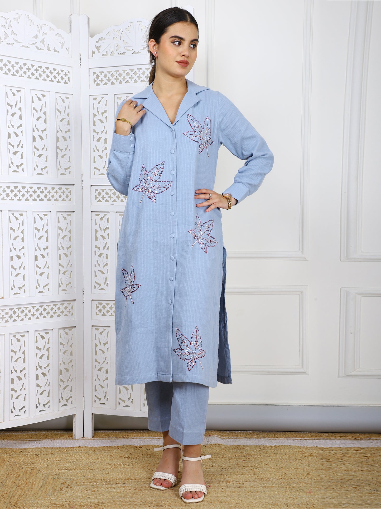 Hand-Embroidered Cotton Cord Set - 2-Piece Traditional Outfit with Leaf Motifs