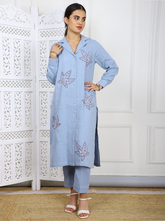 Hand-Embroidered Cotton Cord Set - 2-Piece Traditional Outfit with Leaf Motifs