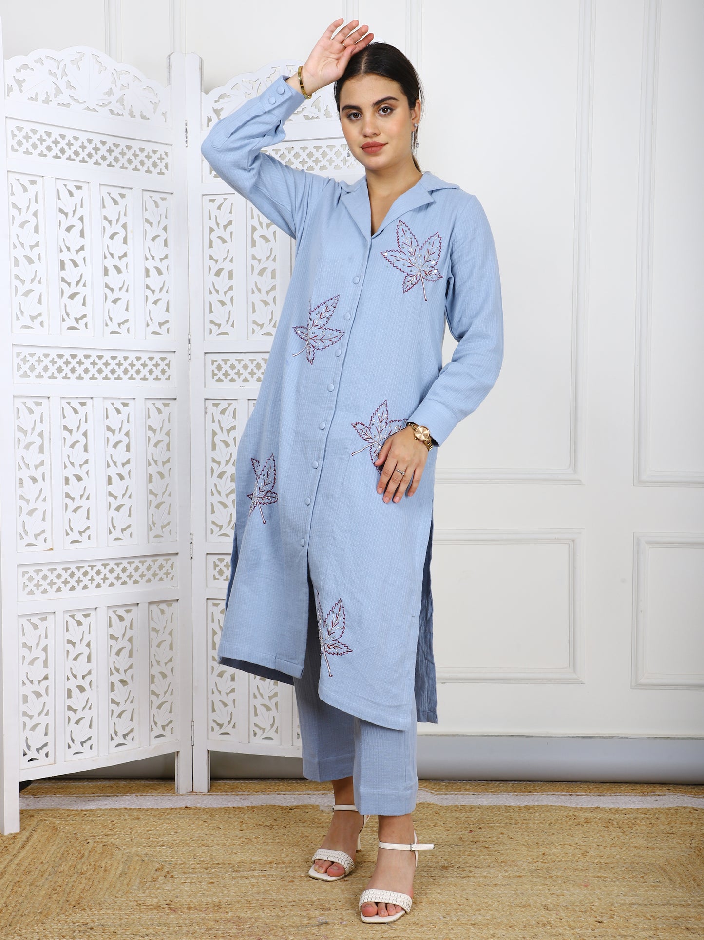 Hand-Embroidered Cotton Cord Set - 2-Piece Traditional Outfit with Leaf Motifs