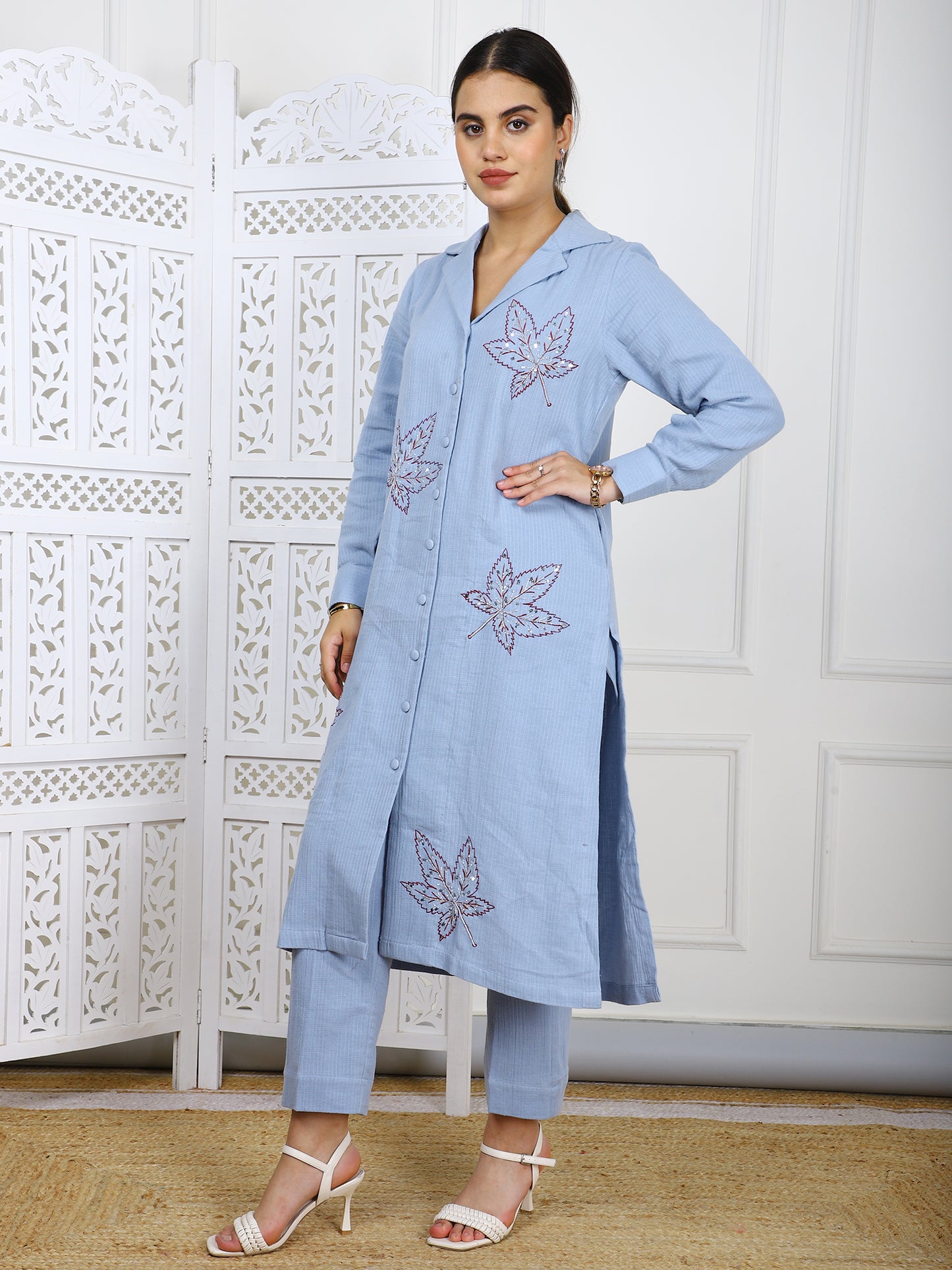 Hand-Embroidered Cotton Cord Set - 2-Piece Traditional Outfit with Leaf Motifs