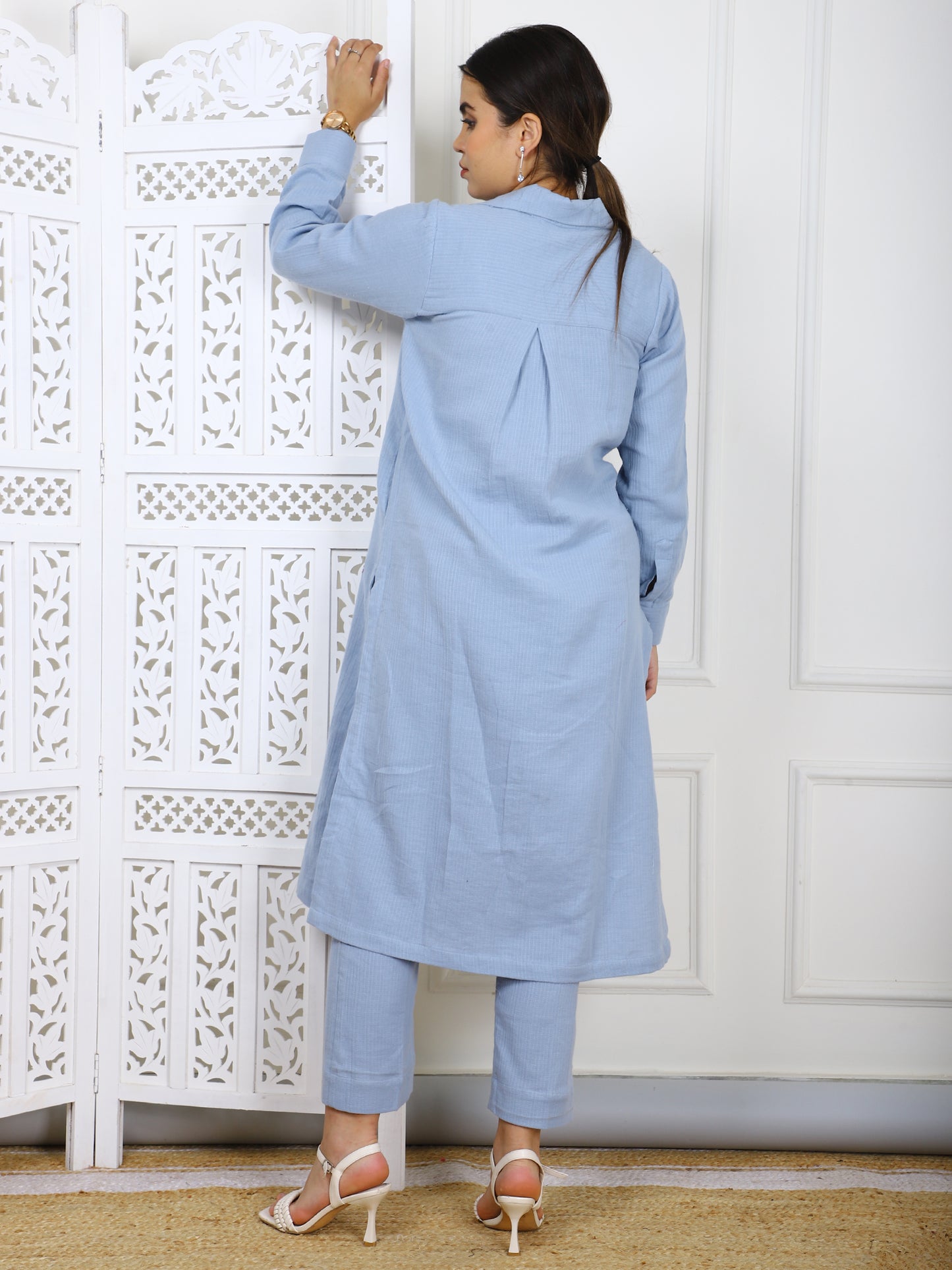 Hand-Embroidered Cotton Cord Set - 2-Piece Traditional Outfit with Leaf Motifs
