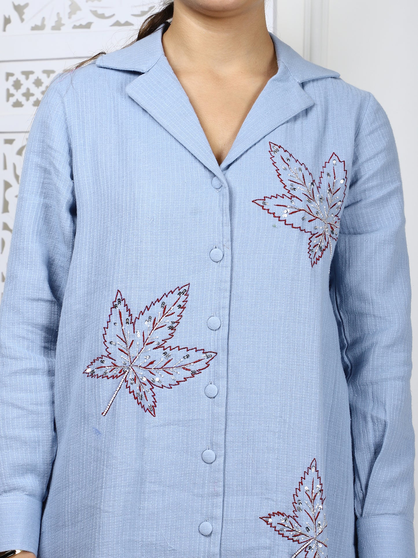 Hand-Embroidered Cotton Cord Set - 2-Piece Traditional Outfit with Leaf Motifs