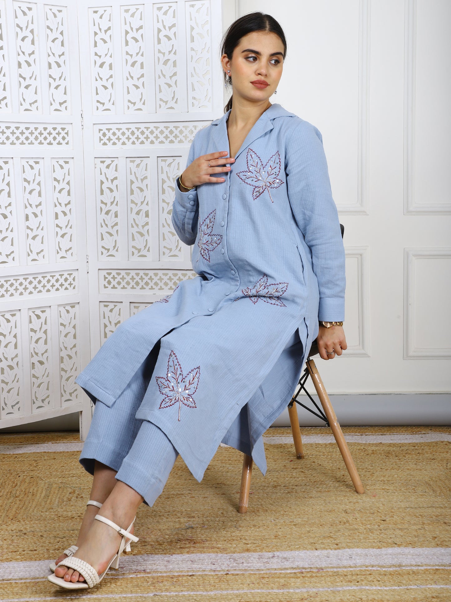 Hand-Embroidered Cotton Cord Set - 2-Piece Traditional Outfit with Leaf Motifs