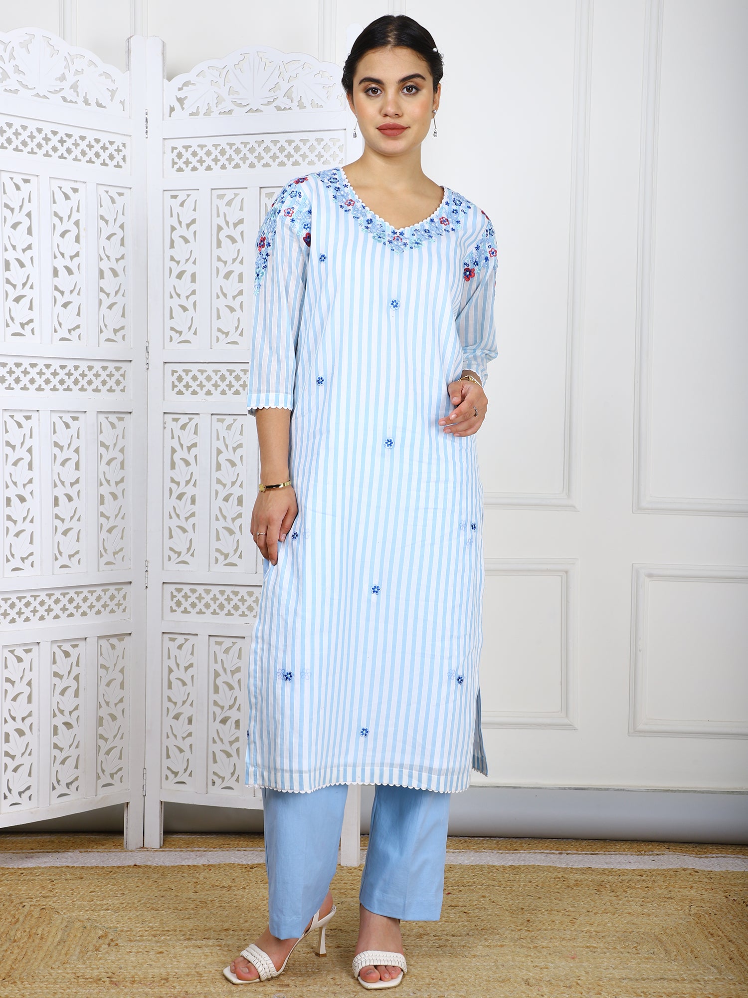 3-Piece Sky Blue Cotton Suit Set with 3D Embroidery Work