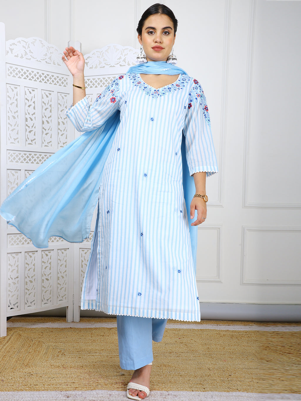 3-Piece Sky Blue Cotton Suit Set with 3D Embroidery Work