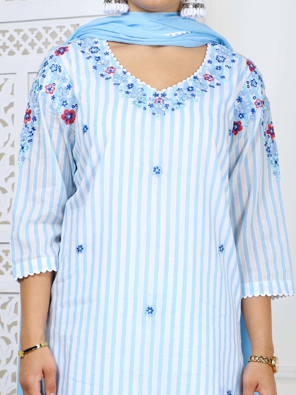 3-Piece Sky Blue Cotton Suit Set with 3D Embroidery Work