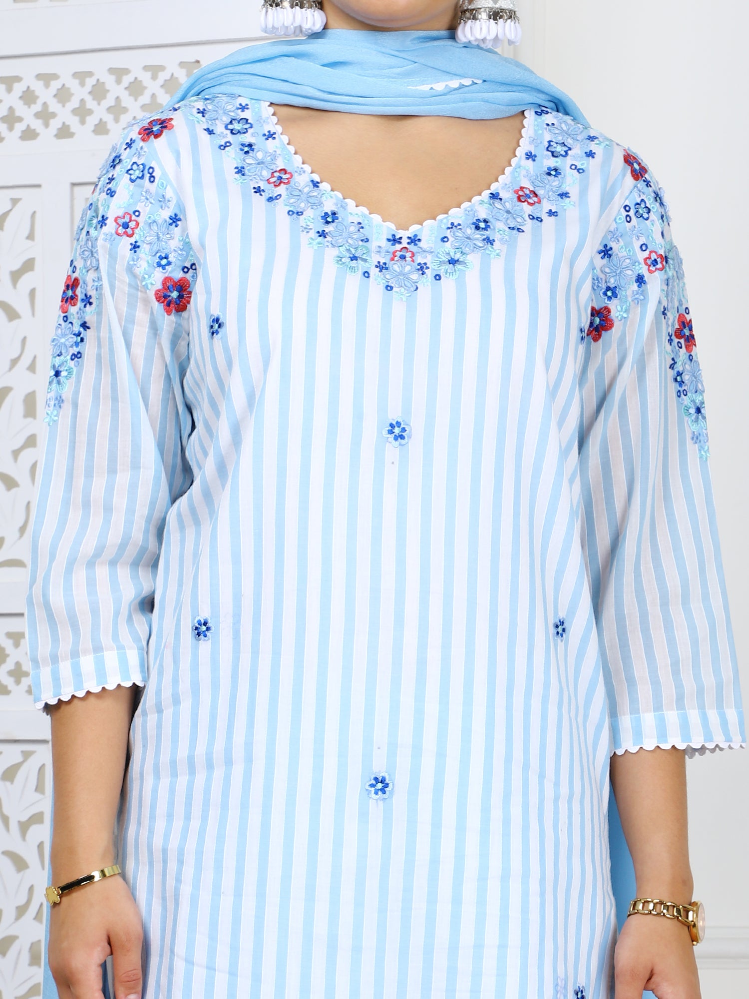 3-Piece Sky Blue Cotton Suit Set with 3D Embroidery Work