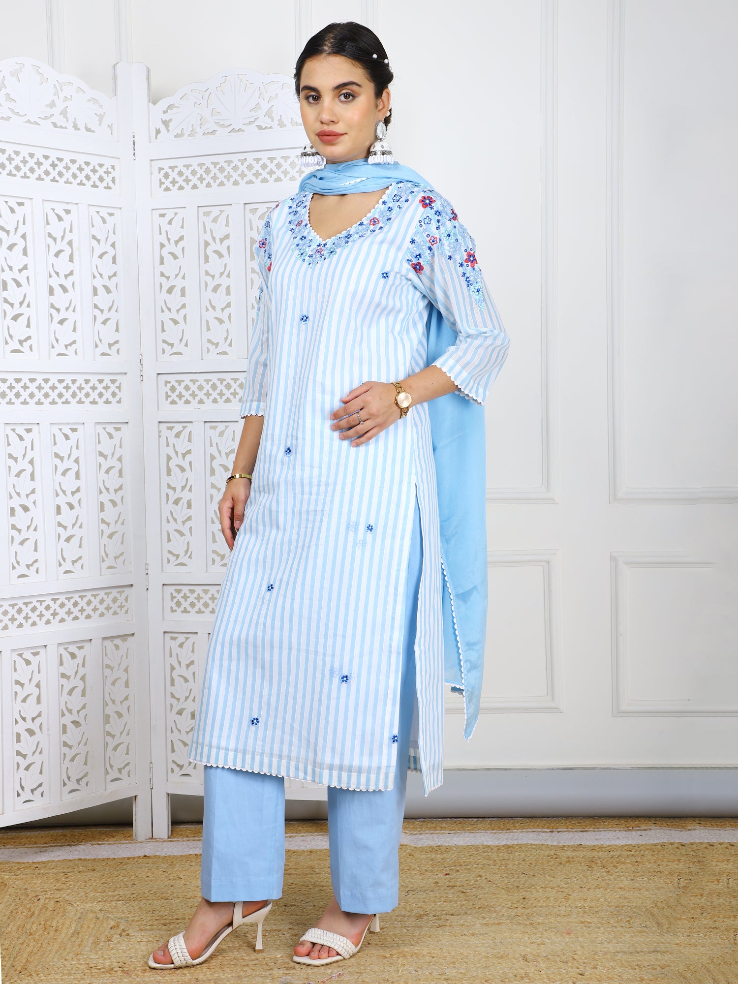 3-Piece Sky Blue Cotton Suit Set with 3D Embroidery Work