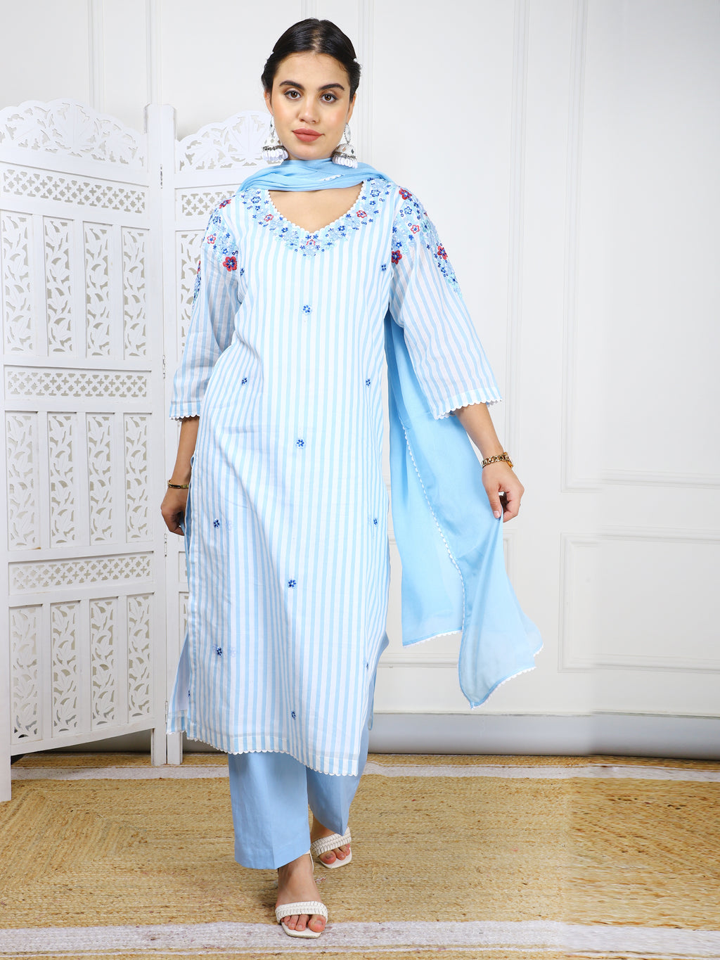 3-Piece Sky Blue Cotton Suit Set with 3D Embroidery Work