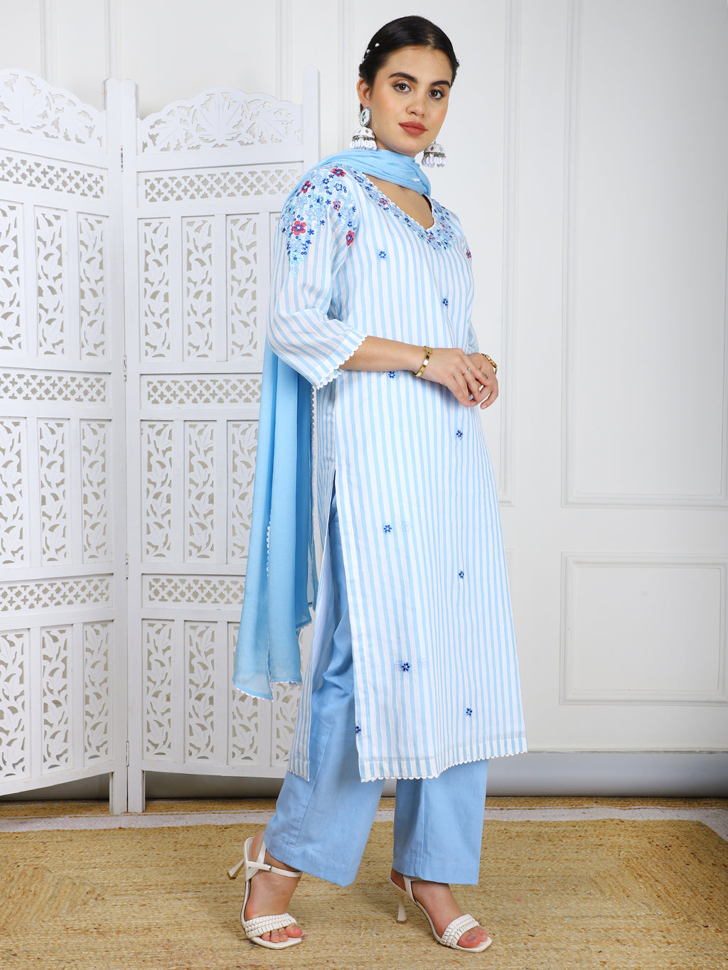 3-Piece Sky Blue Cotton Suit Set with 3D Embroidery Work
