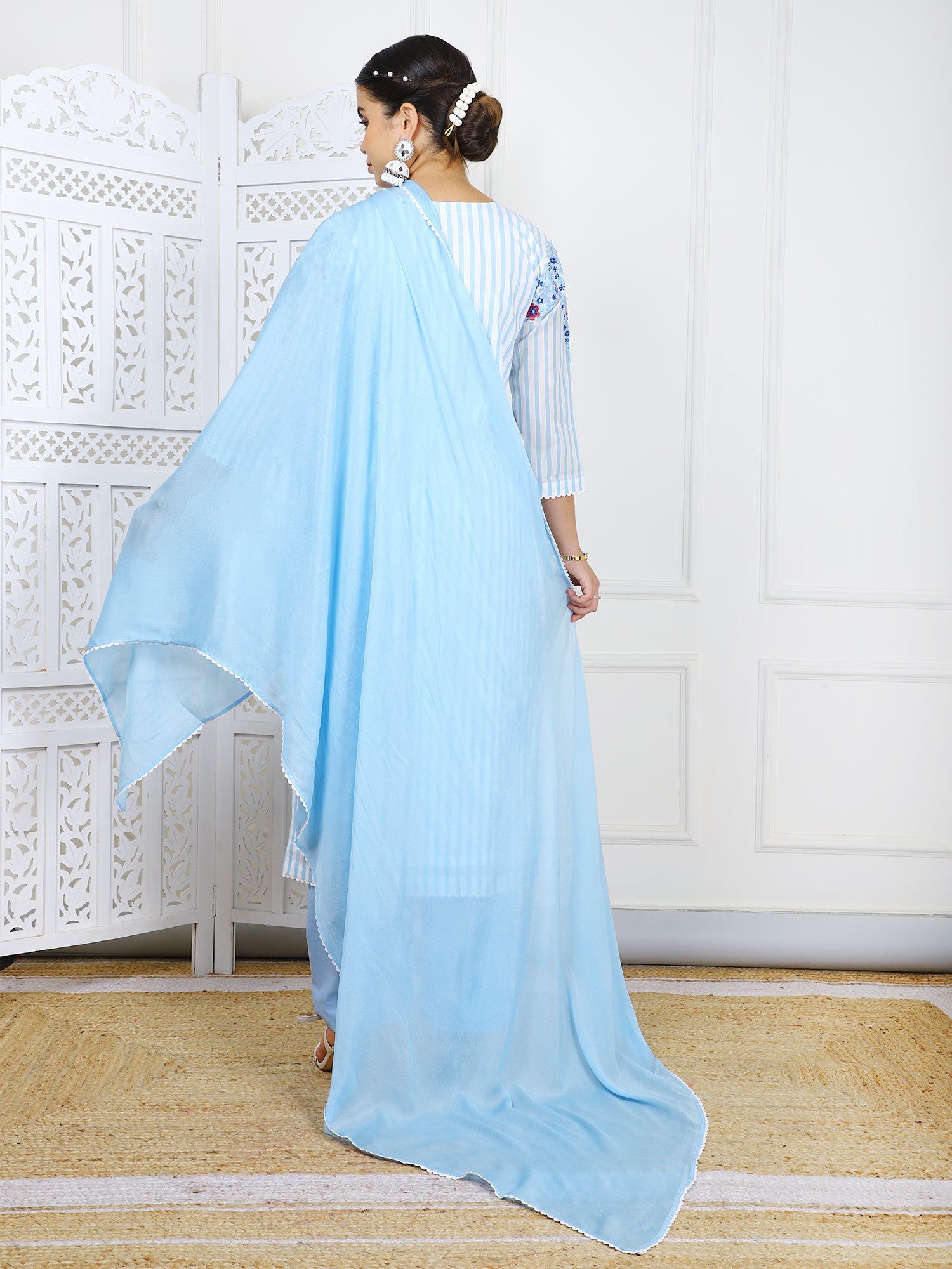 3-Piece Sky Blue Cotton Suit Set with 3D Embroidery Work