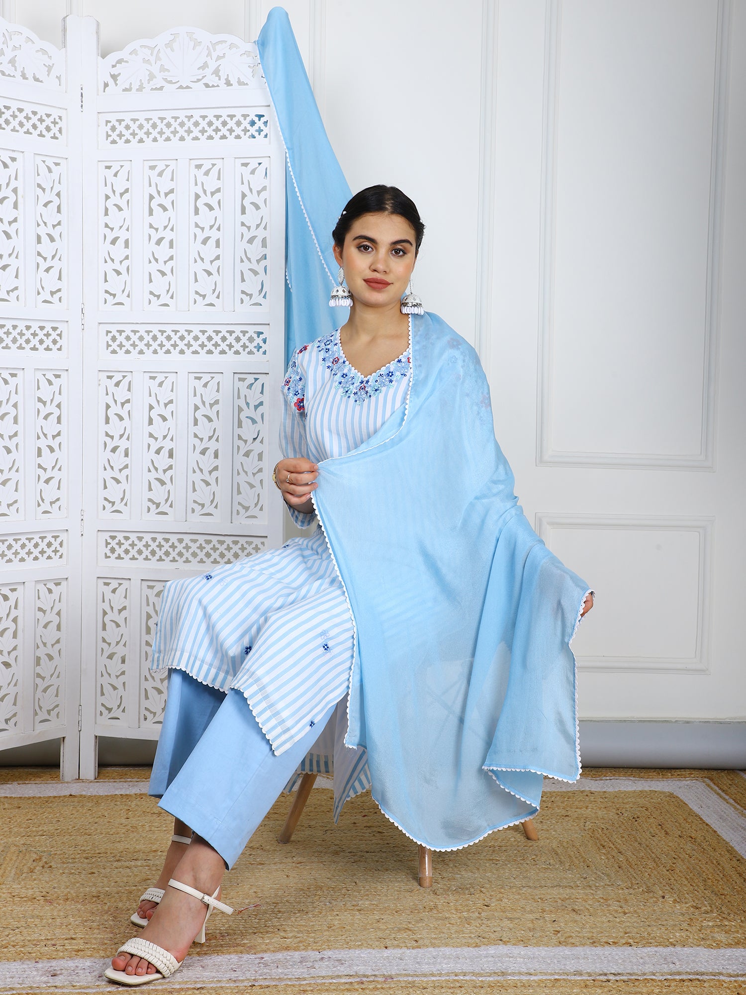 3-Piece Sky Blue Cotton Suit Set with 3D Embroidery Work
