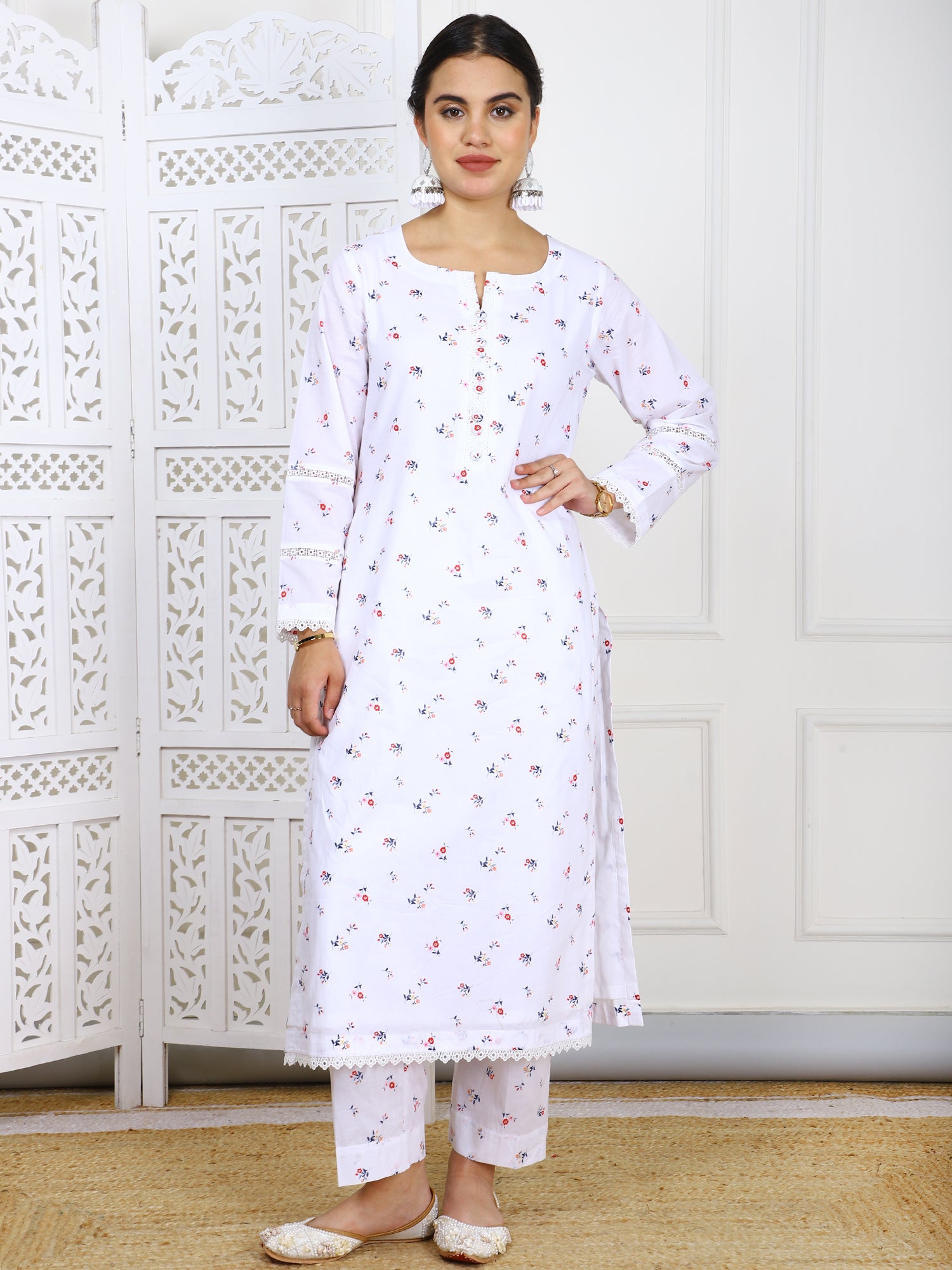 3 Piece – White Floral Lawn Cotton Suit with Red Chinon Dupatta