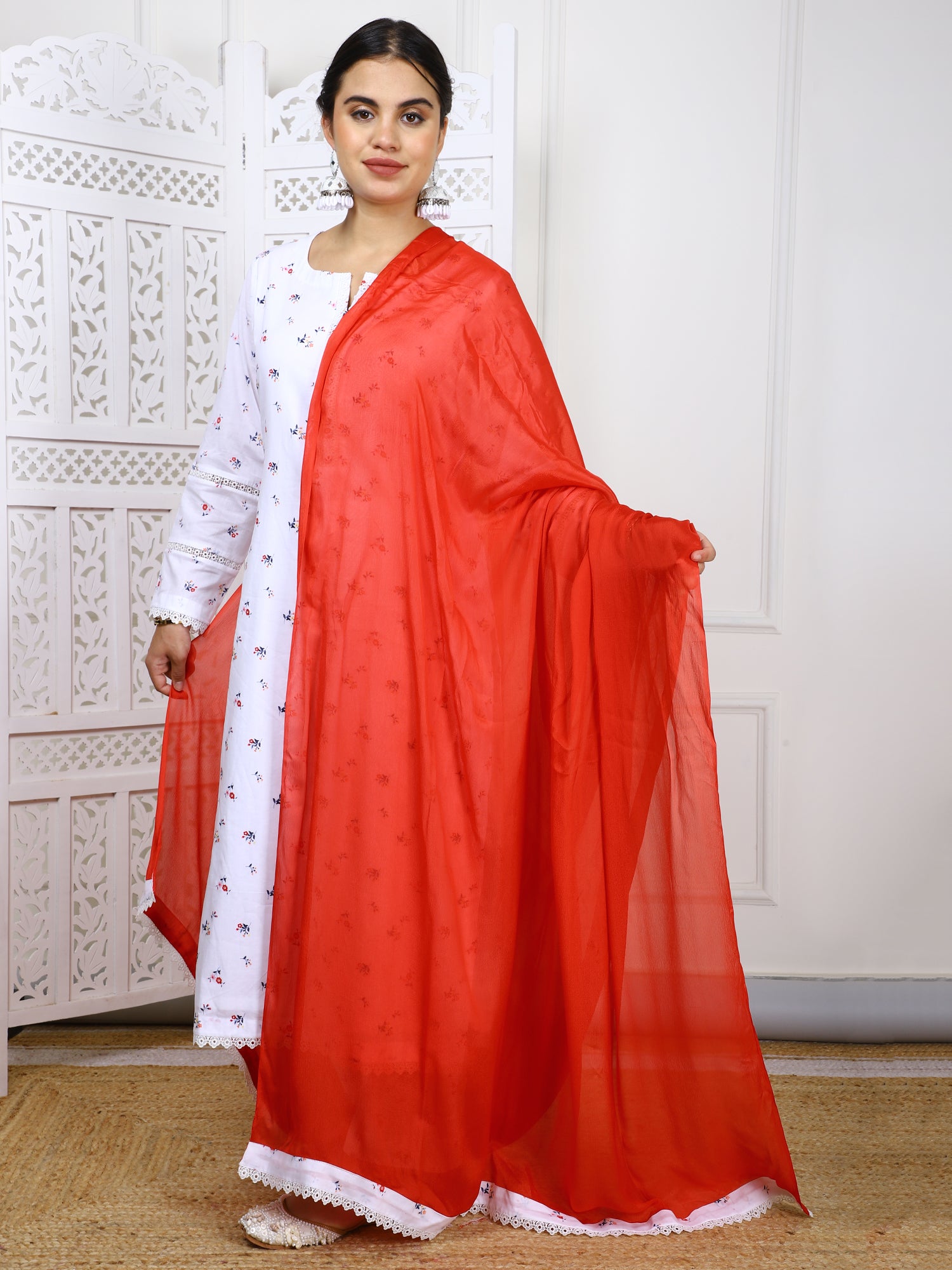 3 Piece – White Floral Lawn Cotton Suit with Red Chinon Dupatta