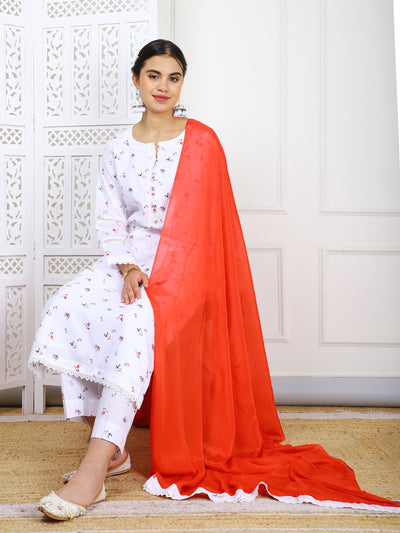 3 Piece – White Floral Lawn Cotton Suit with Red Chinon Dupatta