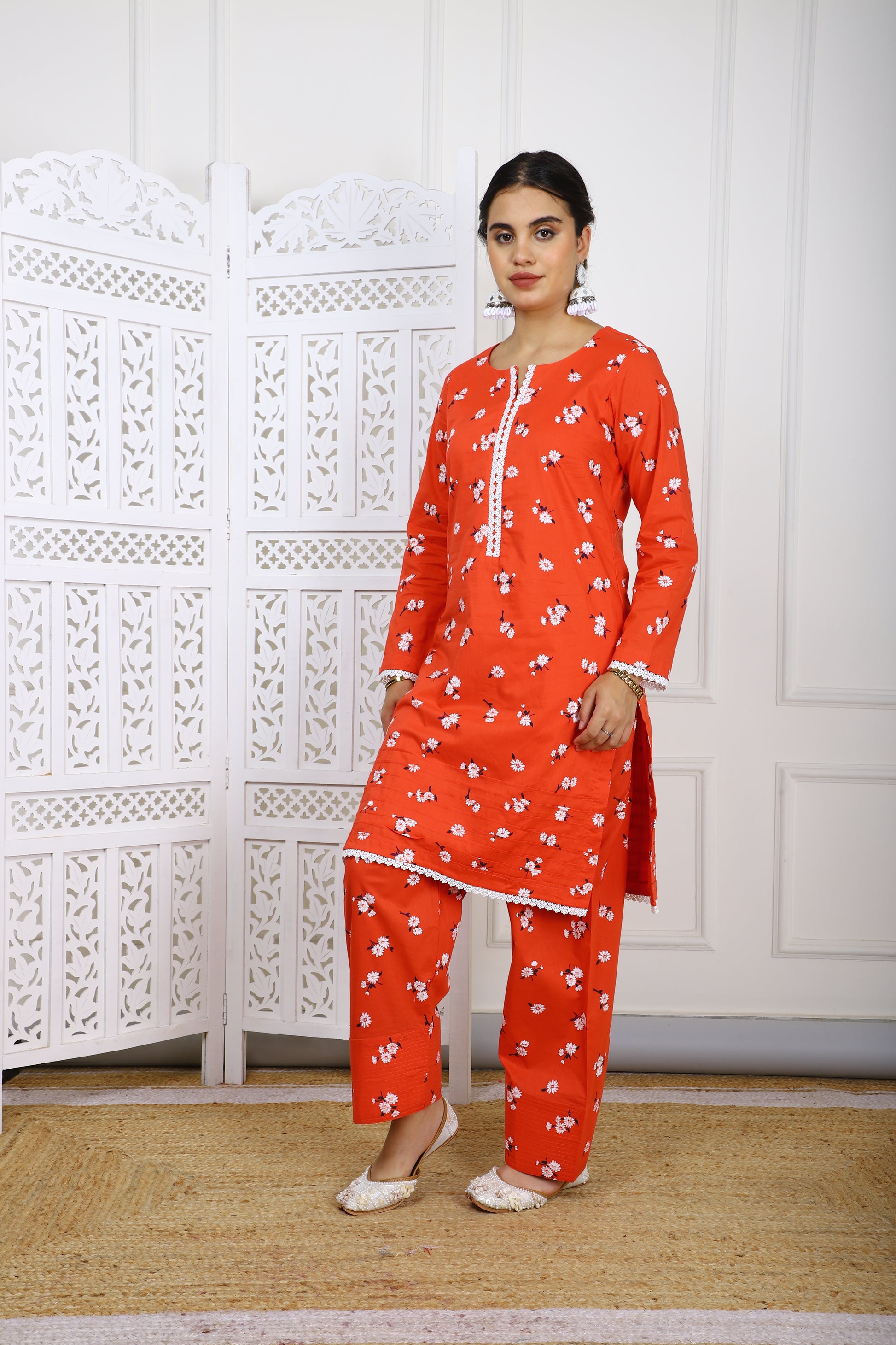 Red Floral Cotton Kurta with Farsi Salwar
