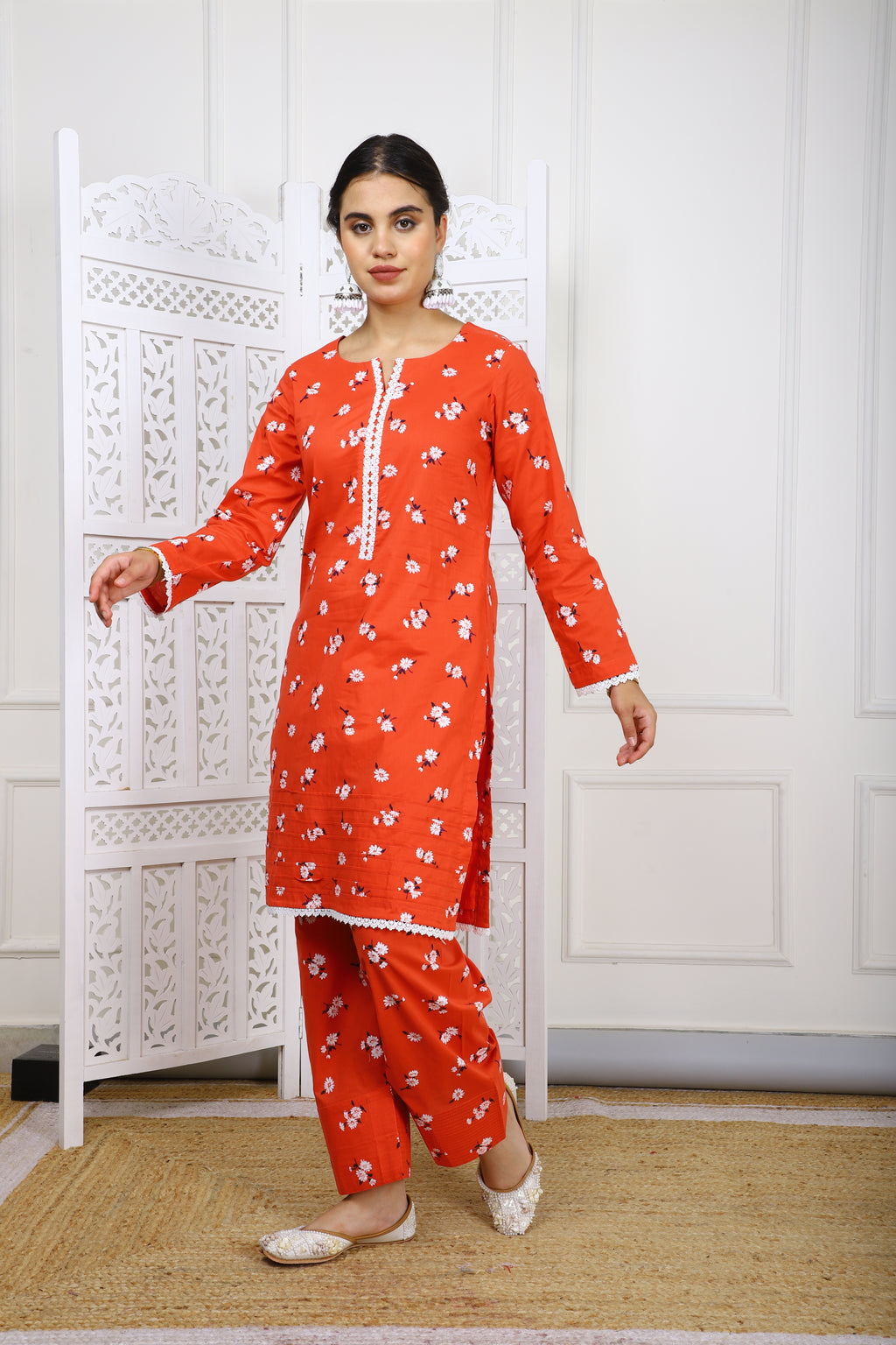Red Floral Cotton Kurta with Farsi Salwar