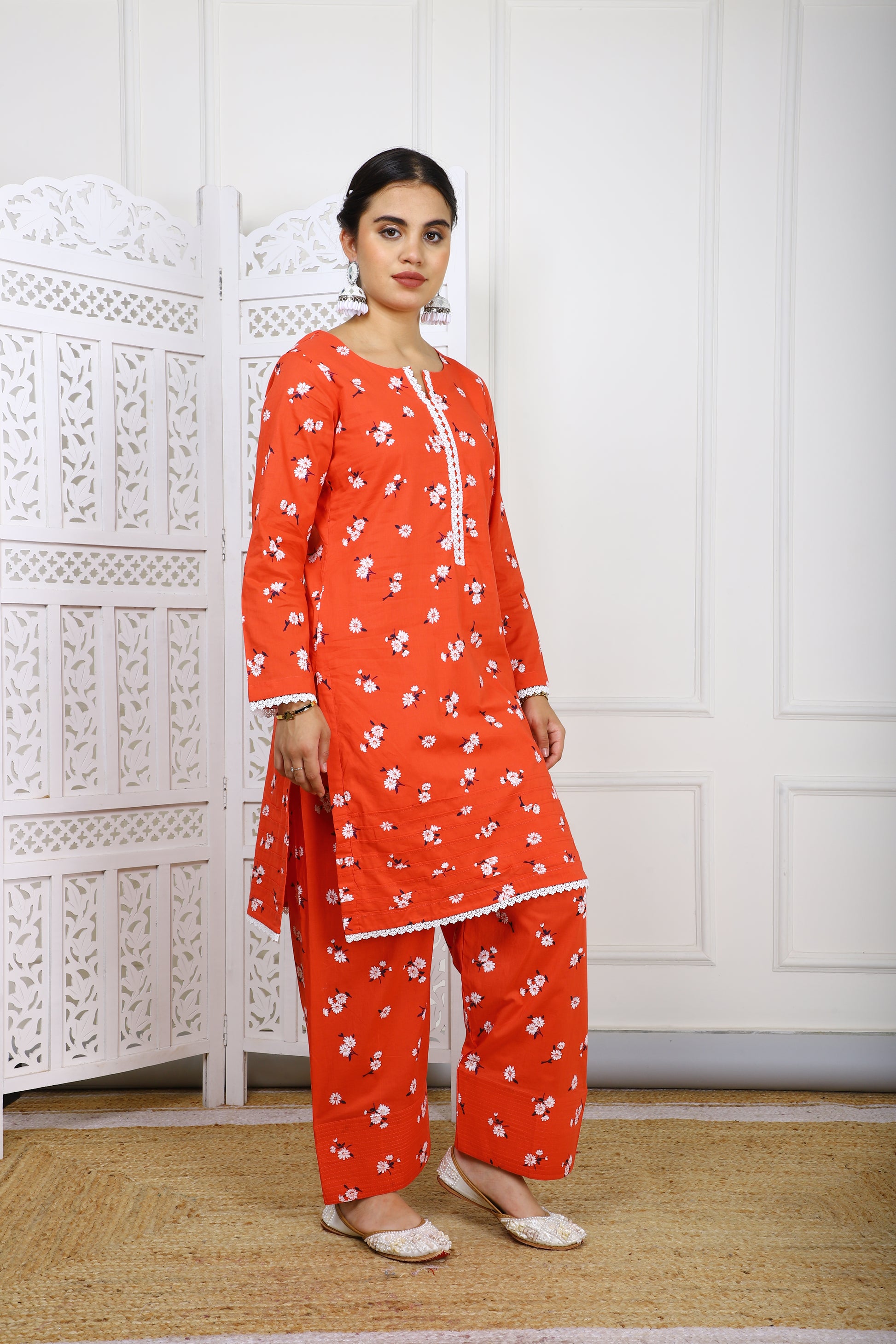Red Floral Cotton Kurta with Farsi Salwar