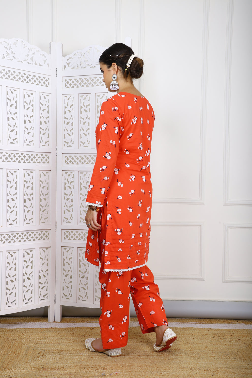 Red Floral Cotton Kurta with Farsi Salwar
