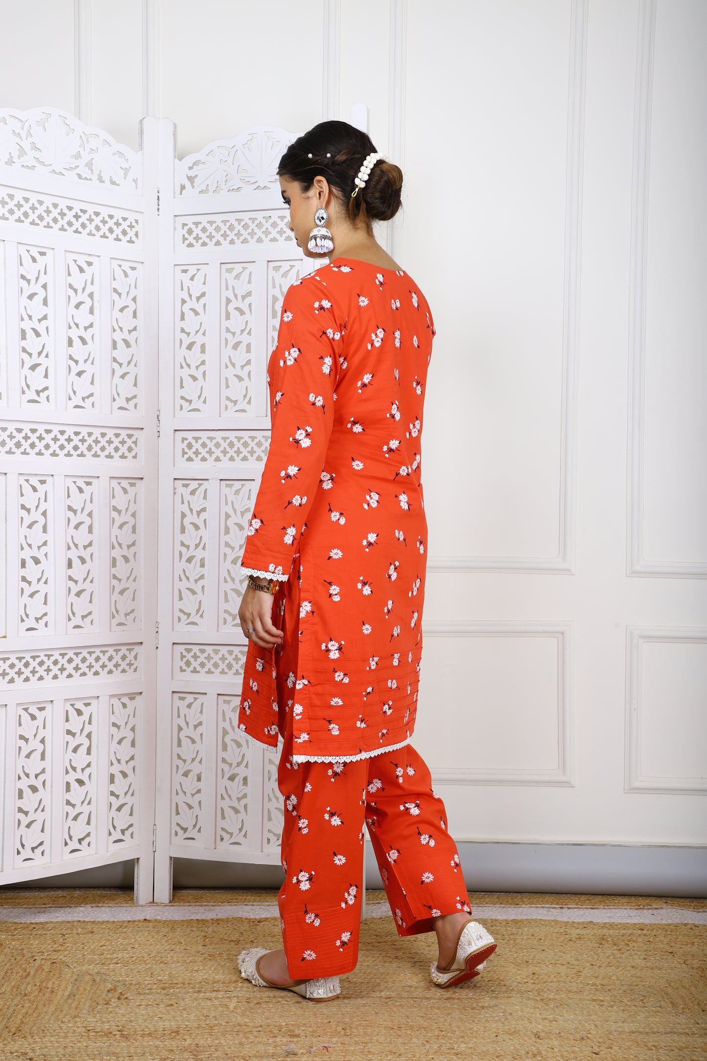 Red Floral Cotton Kurta with Farsi Salwar
