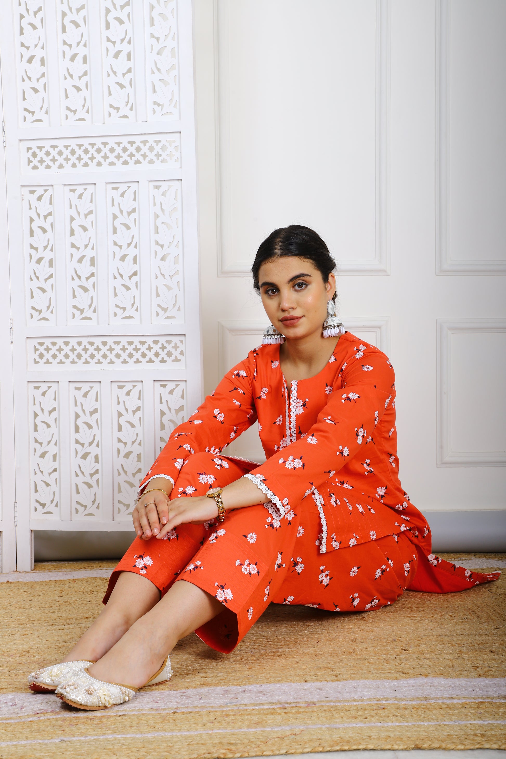 Red Floral Cotton Kurta with Farsi Salwar