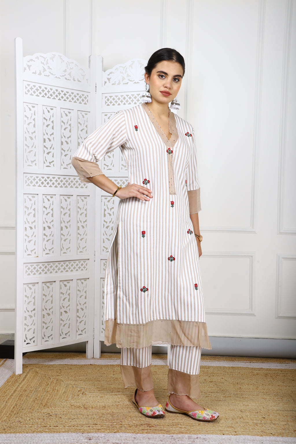 Beige & White Striped Rayon Kurta Set with Organza Detailing