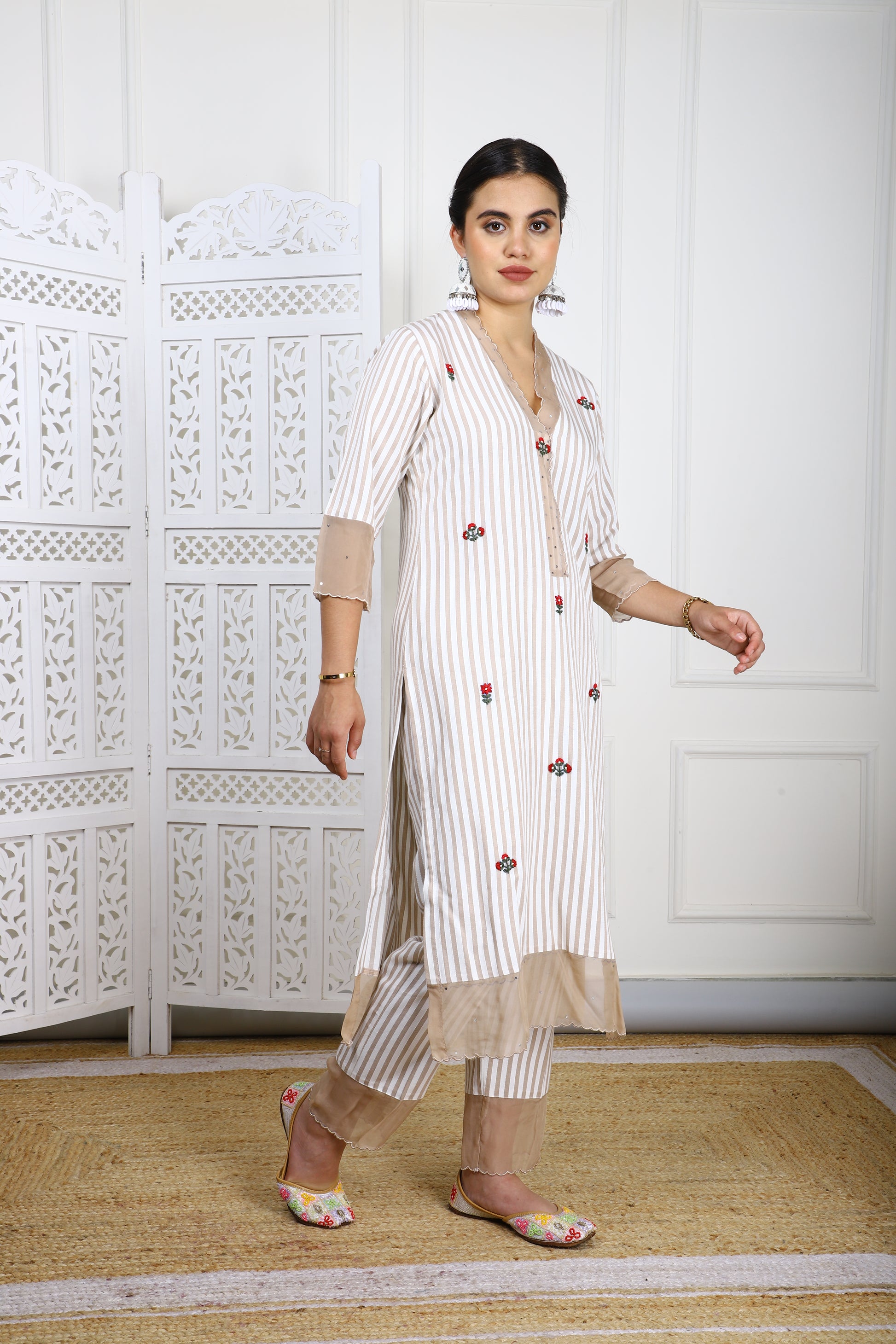 Beige & White Striped Rayon Kurta Set with Organza Detailing