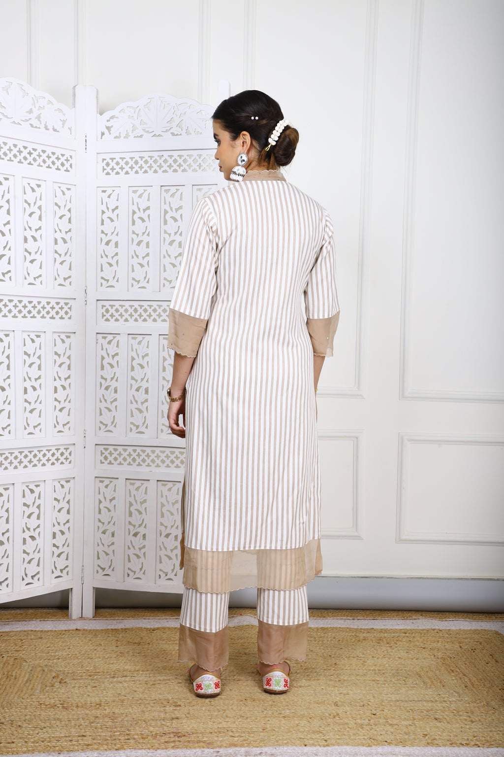Beige & White Striped Rayon Kurta Set with Organza Detailing