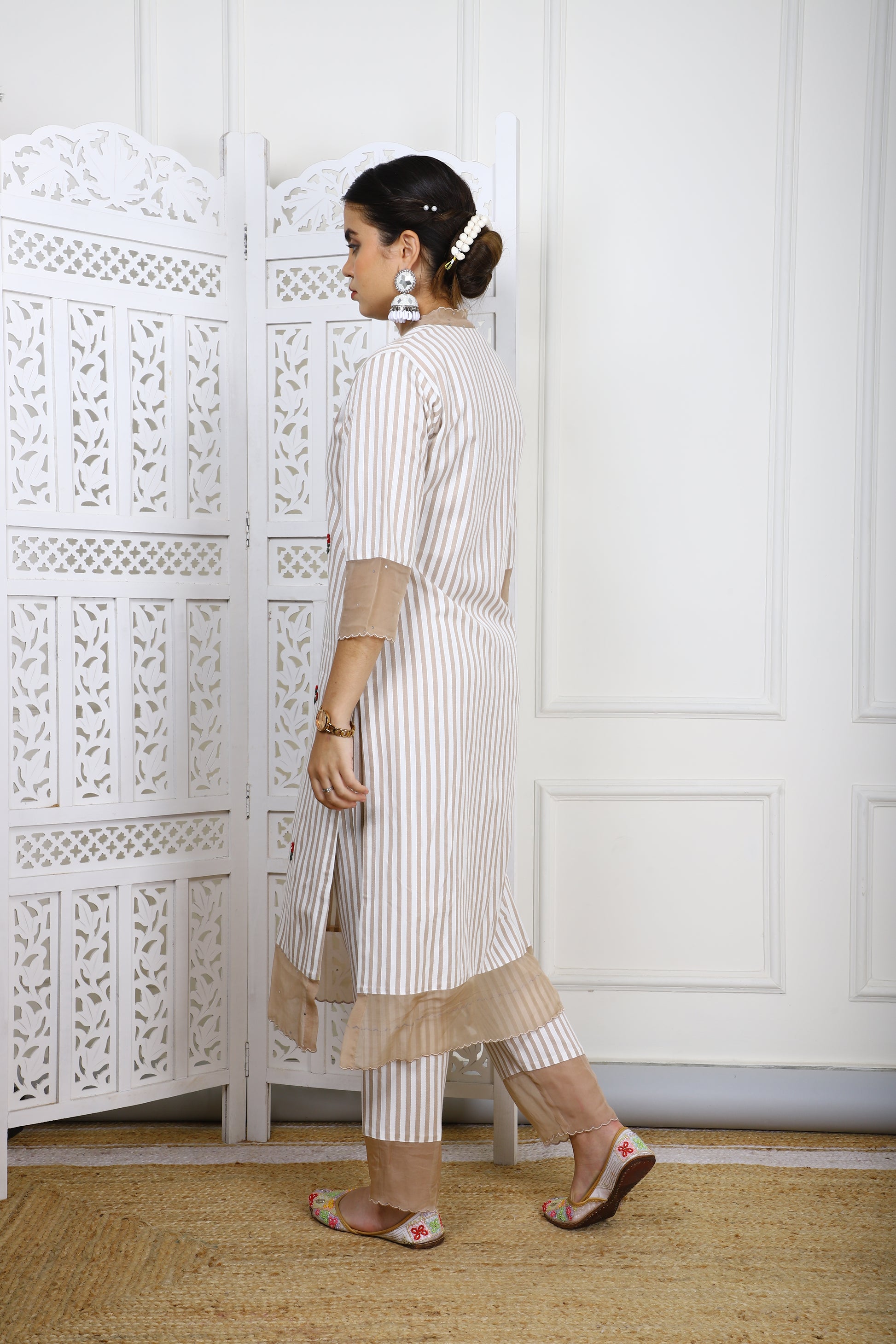 Beige & White Striped Rayon Kurta Set with Organza Detailing