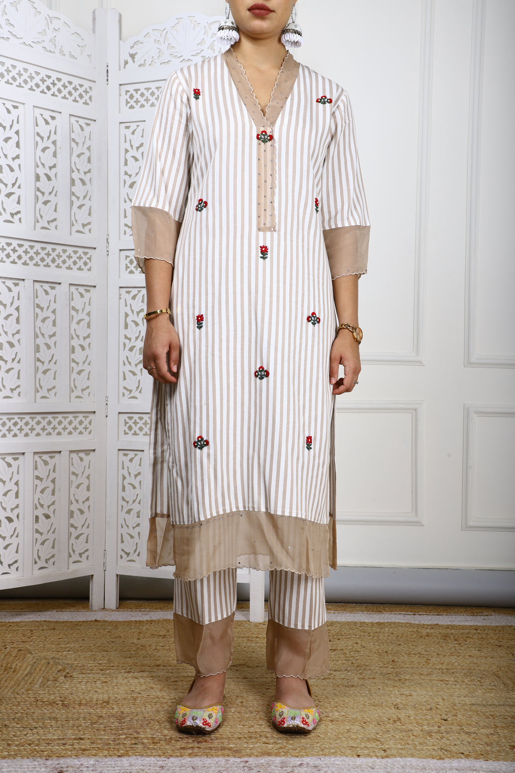 Beige & White Striped Rayon Kurta Set with Organza Detailing