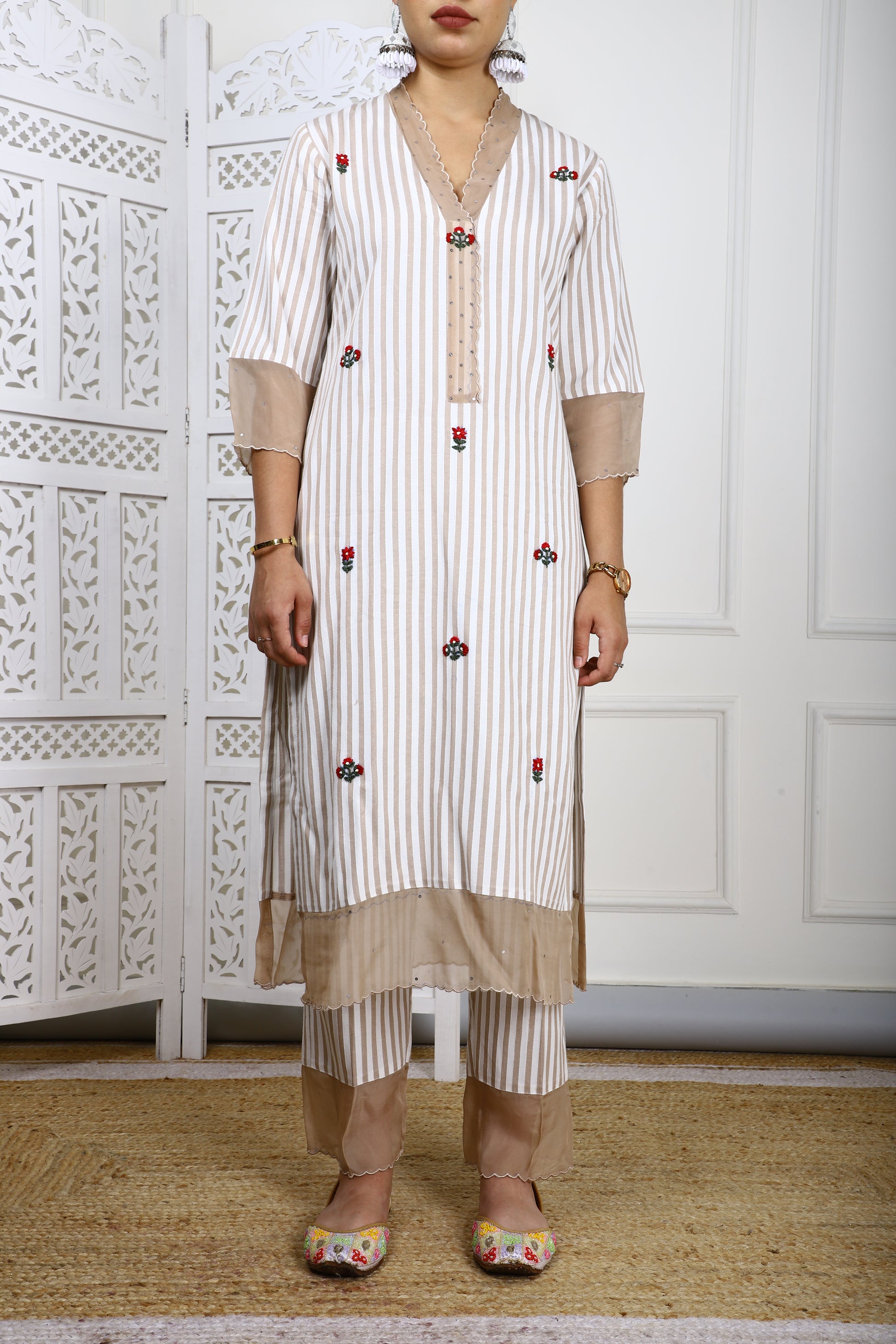 Beige & White Striped Rayon Kurta Set with Organza Detailing