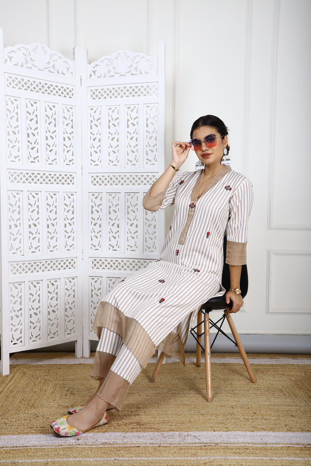 Beige & White Striped Rayon Kurta Set with Organza Detailing