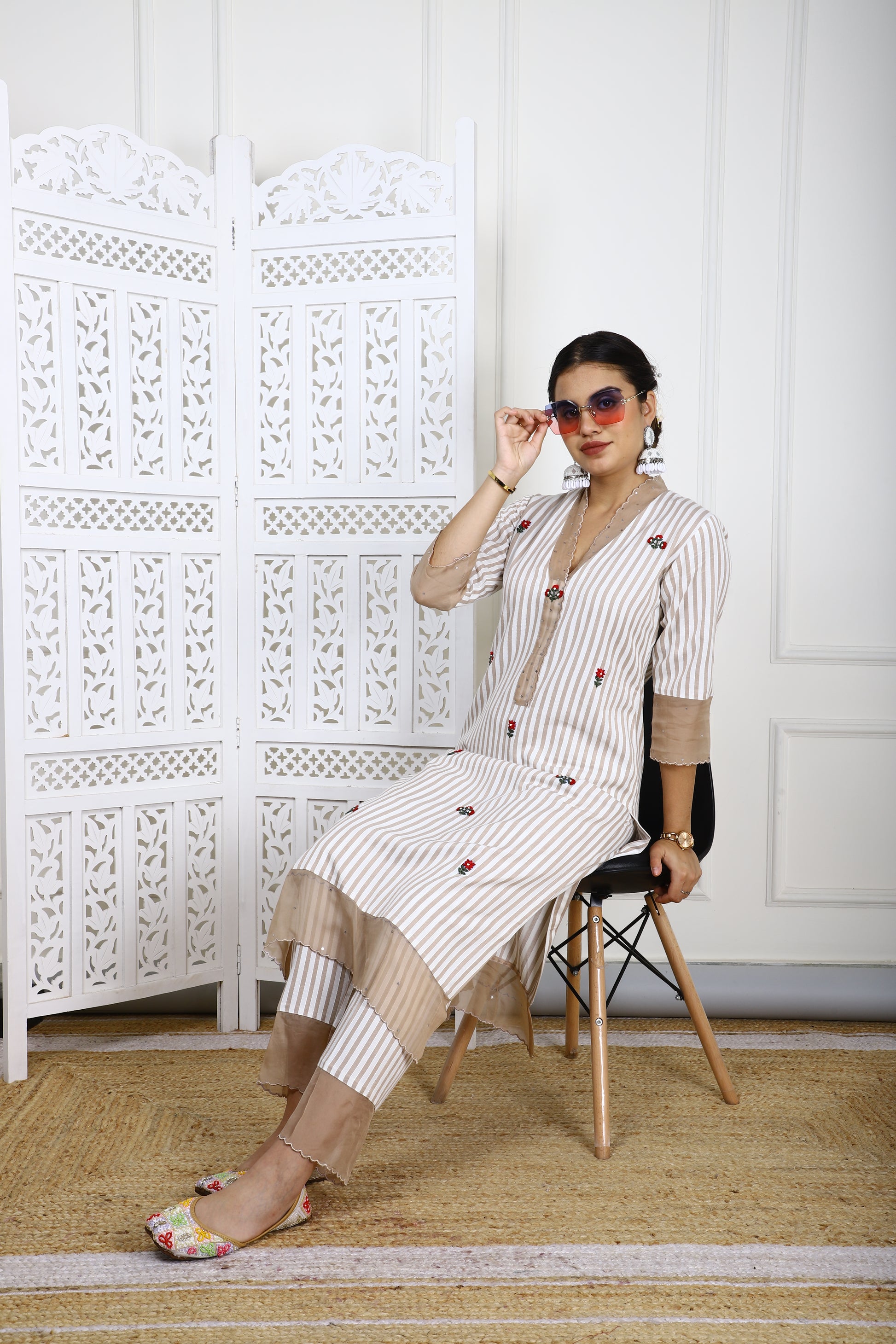 Beige & White Striped Rayon Kurta Set with Organza Detailing