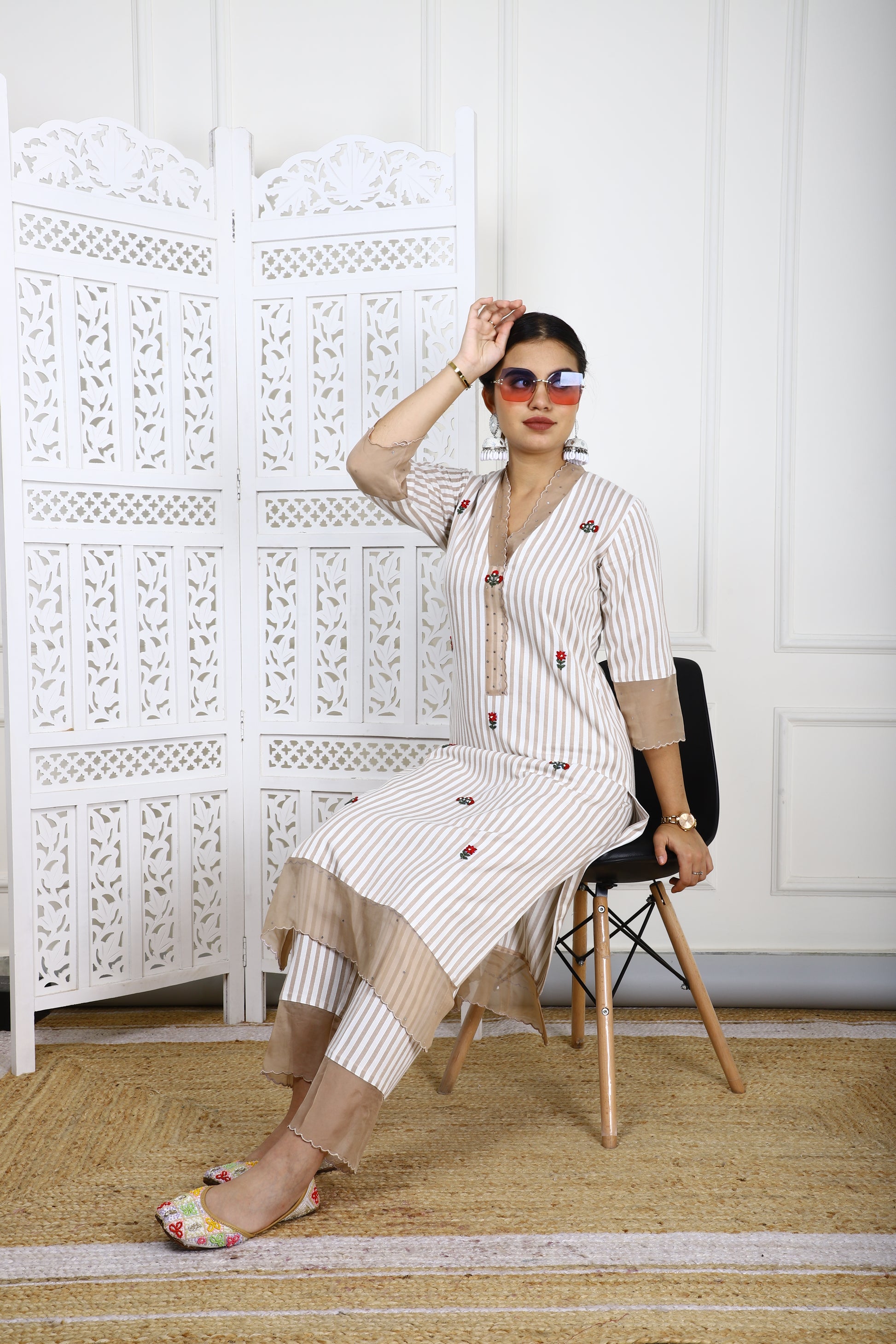 Beige & White Striped Rayon Kurta Set with Organza Detailing