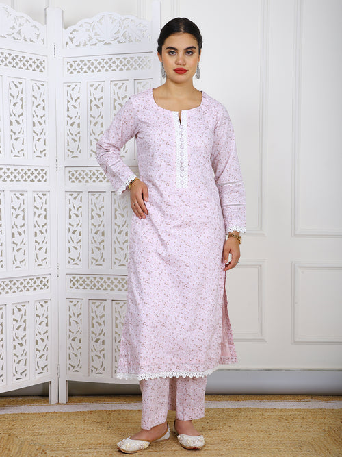 2 Piece – Light Pink Floral Lawn Cotton Suit with Lace Detailing