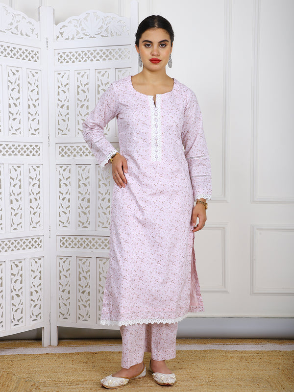 2 Piece – Light Pink Floral Lawn Cotton Suit with Lace Detailing
